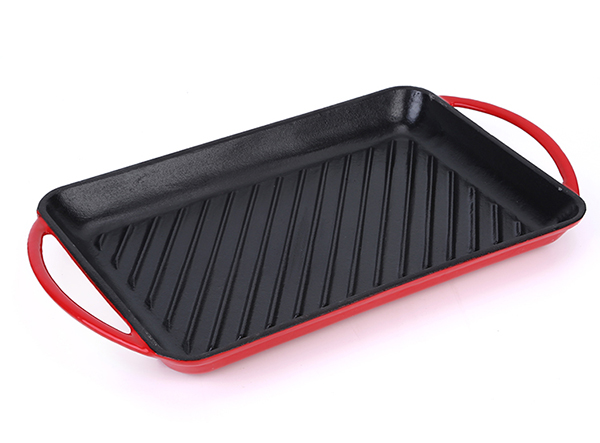 Enamel cast iron grill pan with loop handle