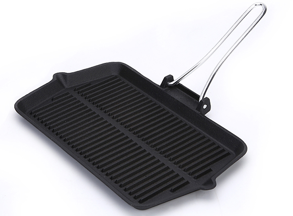 Pre-seasoned cast iron grill pan with foldable handle