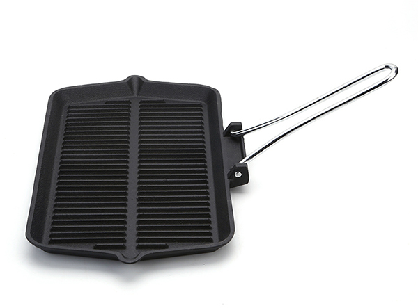 Pre-seasoned cast iron grill pan with foldable handle