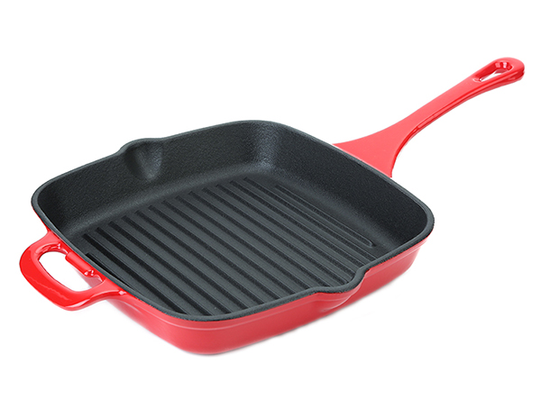 Enamel cast iron grill pan with long handle