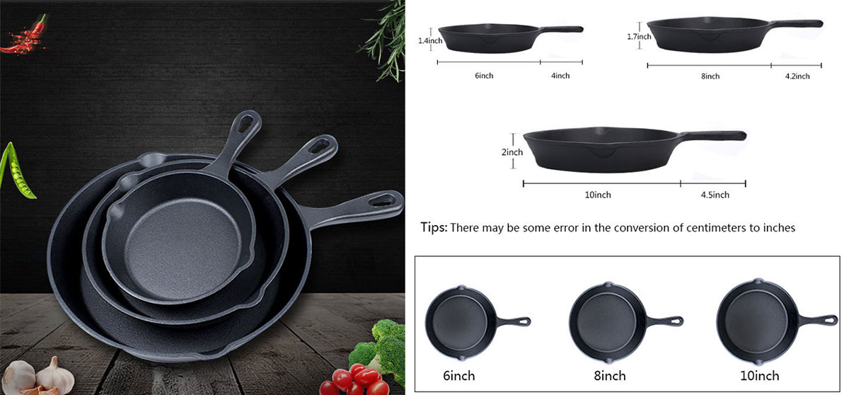 3 piece cast iron skillet set size