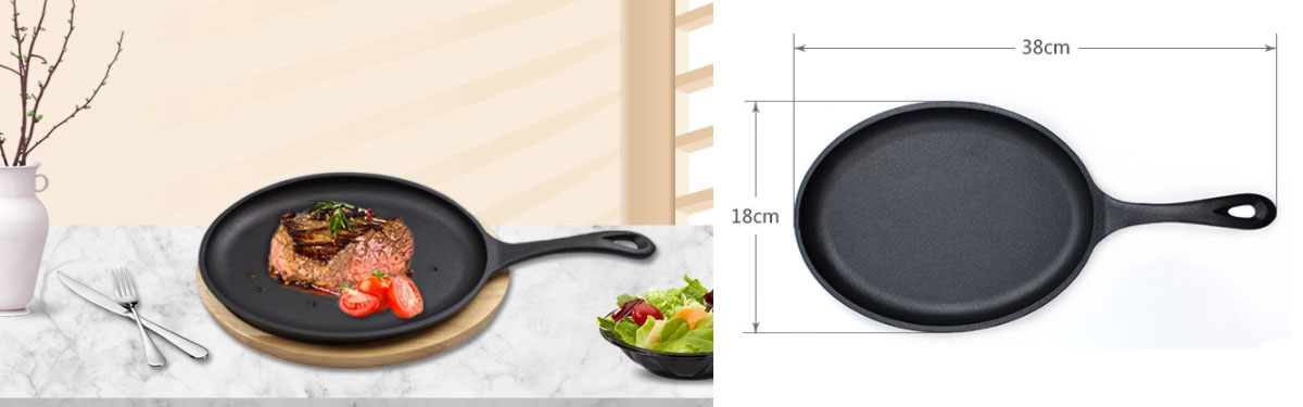 Cast Iron Steak Fajita Pan Sizzling Plate with Wooden Base