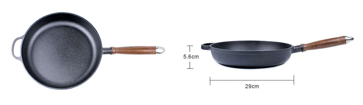 cast iron skillet with wooden handle detail