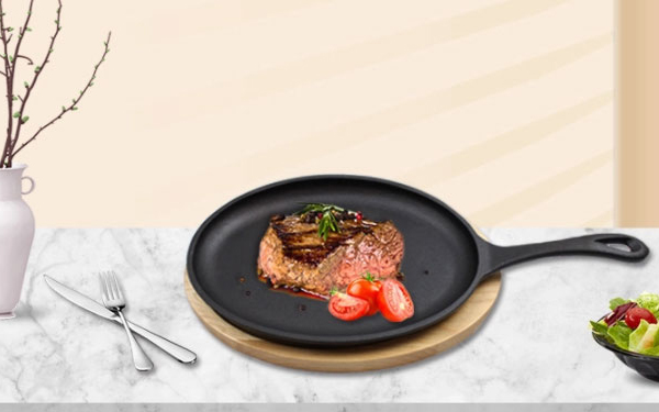 Cast Iron Steak Fajita Pan Sizzling Plate with Wooden Base