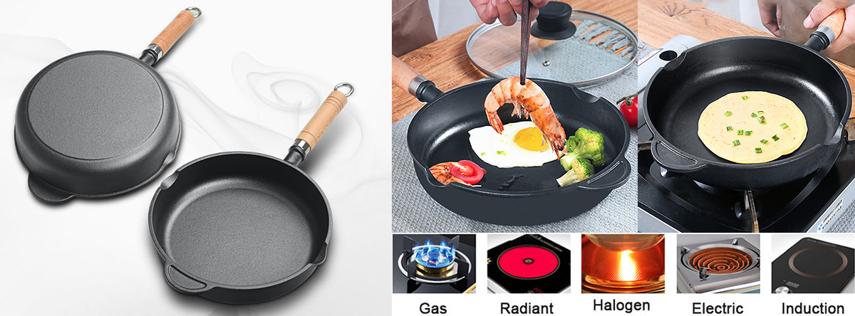 Cast Iron Frying Pan With Removable Wooden Handle 20cm 22cm 24cm