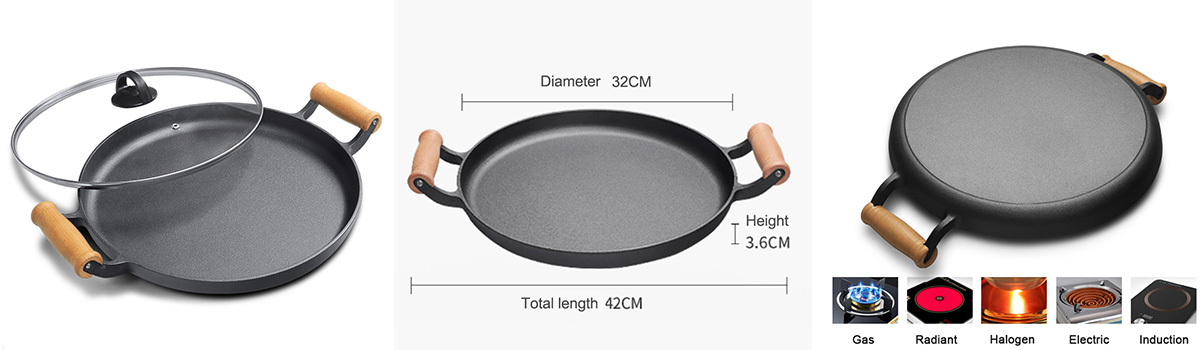 12.5 Inch Flat Bottom Deep Frying Pan Thickened Cast Iron Pancake Pan with Double Assist Handle