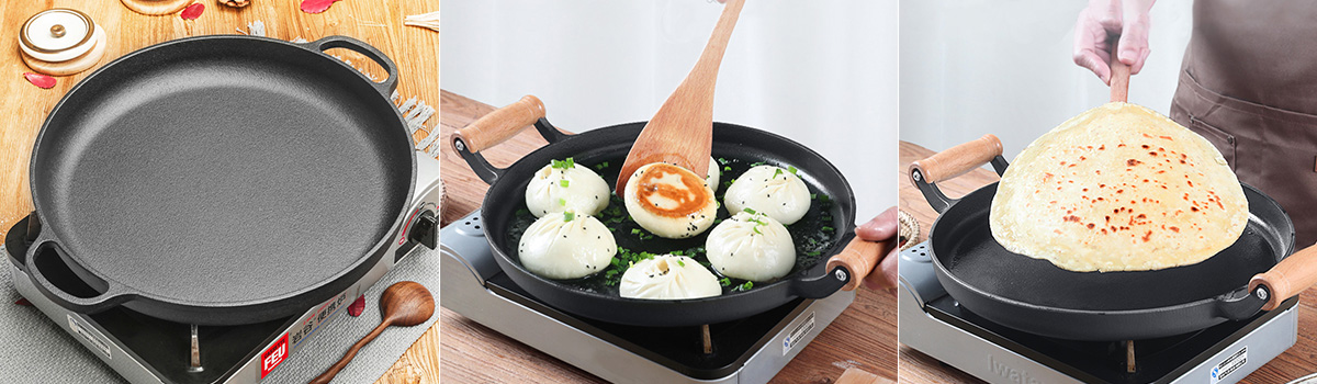 12.5 Inch Flat Bottom Deep Frying Pan Thickened Cast Iron Pancake Pan with Double Assist Handle