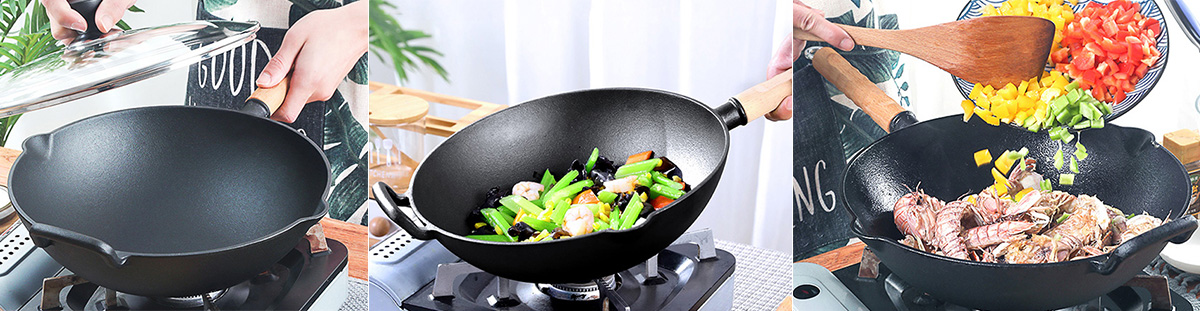 Pre-Seasoned Flat Bottom Cast Iron Woks With Two Pouring Spouts