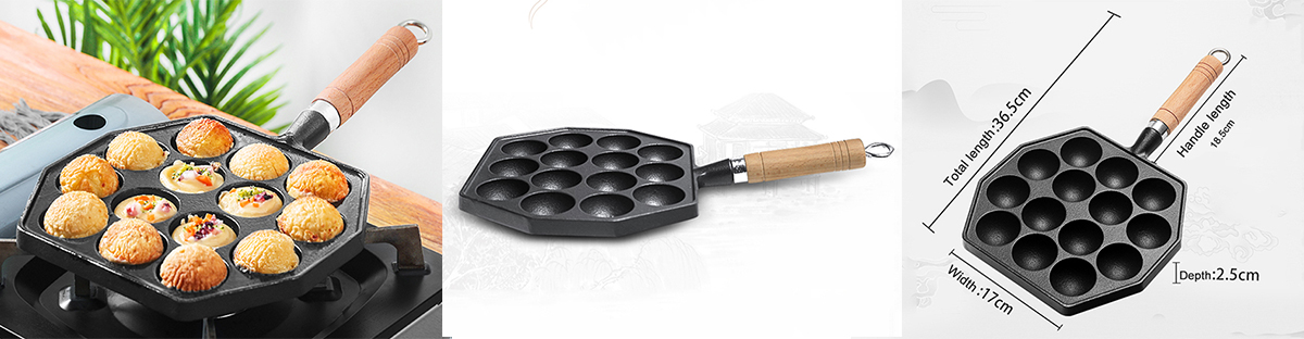 14 Holes Cast Iron Octopus Ball Pan Japanese Takoyaki Maker with Wooden Handle