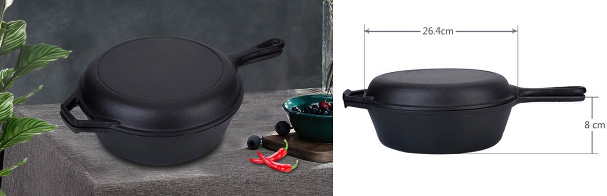 2 In 1 Non-Stick Inside Smooth Polished Cast Iron Combo Cooker