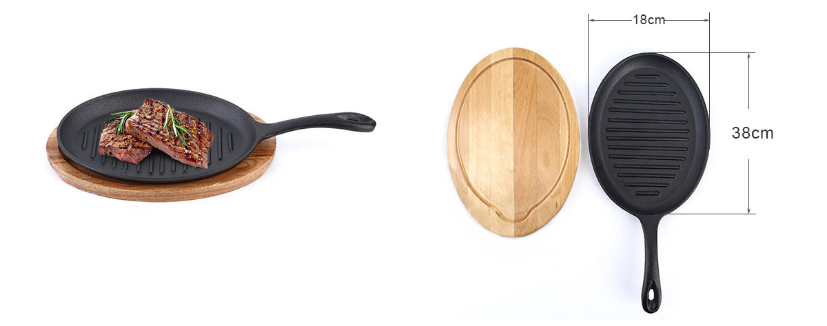 Cast Iron Frying Pan Sizzling Plate with Wooden Tray