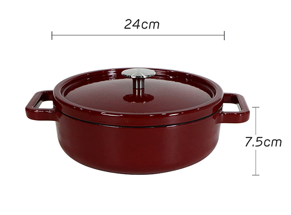 Metal cast iron enameled casserole dark red color