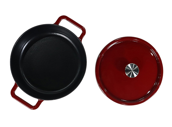 Metal cast iron enameled casserole dark red color