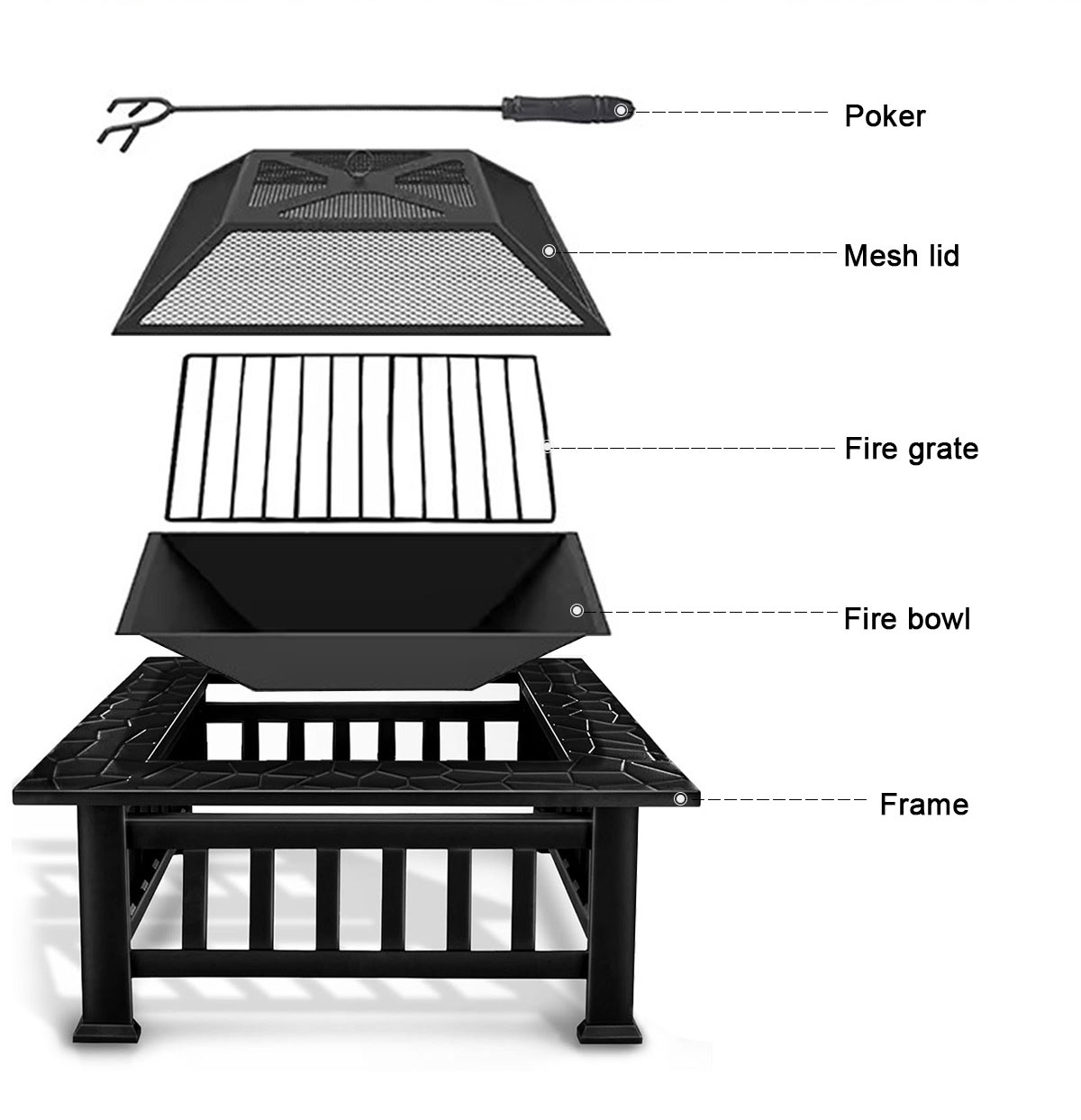 Multifunctional Outdoor 32 inch Square Metal Fire Pit Table with Spark Screen