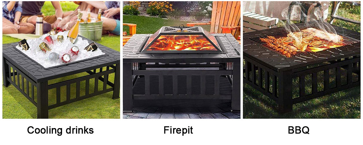 Multifunctional Outdoor 32 inch Square Metal Fire Pit Table with Spark Screen