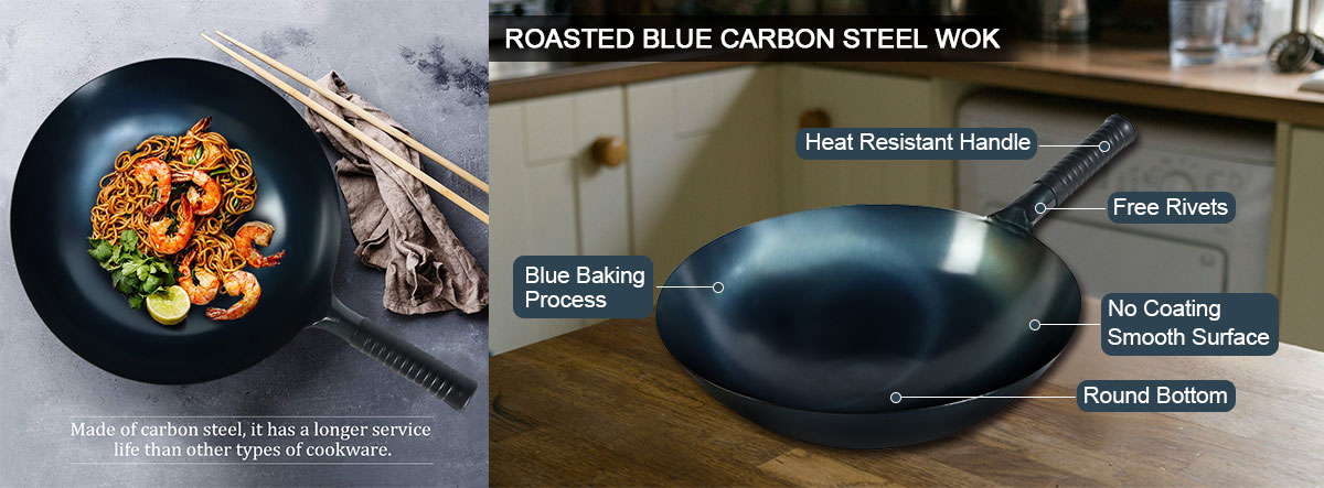 Chinese Round Bottom Blue 14'' Carbon Steel Pow Wok