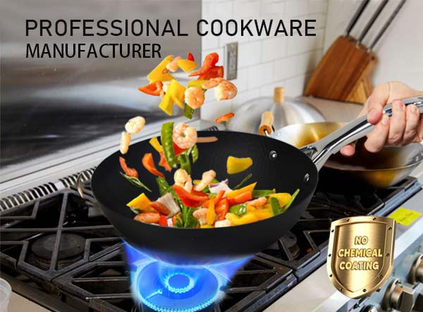 Matte Pre-seasoned Coating Hammered Iron Wok with SS Handle