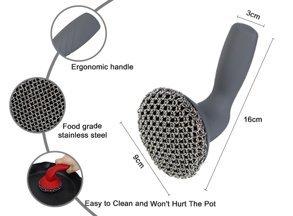 Stainless Steel Cast Iron Chainmail Scrubber with Handle