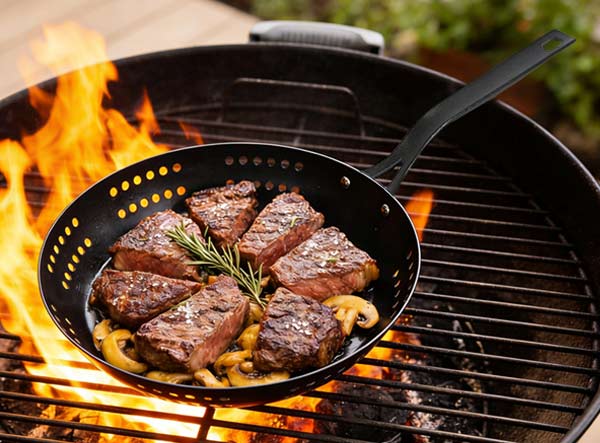 Outdoor Carbon Steel Perforated Grill Skillet | Non-Stick BBQ Pan for Vegetables