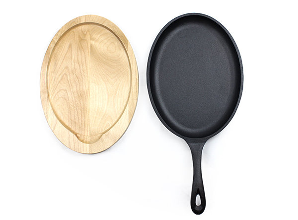 Cast Iron Steak Fajita Pan Sizzling Plate with Wooden Base