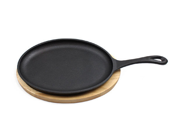 Cast Iron Steak Fajita Pan Sizzling Plate with Wooden Base