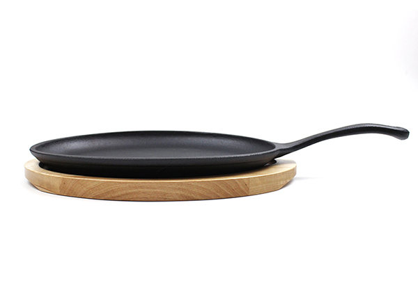 Cast Iron Steak Fajita Pan Sizzling Plate with Wooden Base