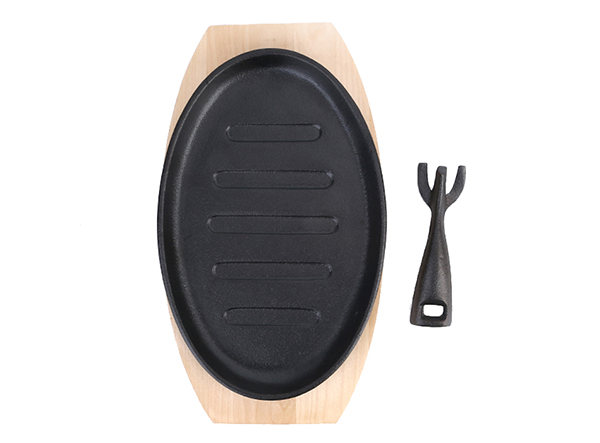 Pre-seasoned Cast Iron Sizzling Plate with Wooden Tray