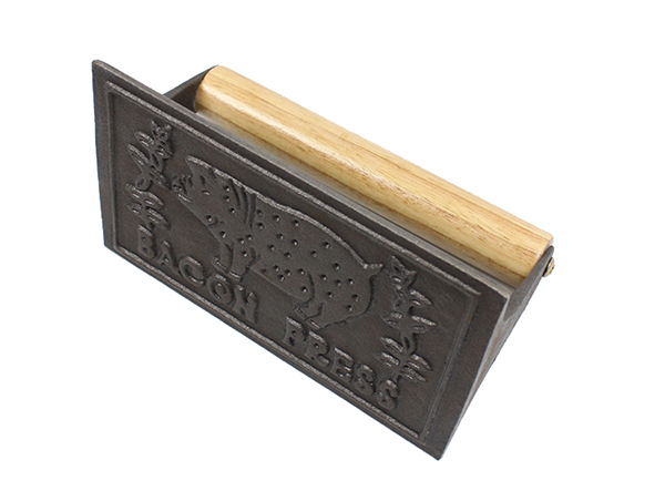 cast iron rectangular bbq meat bacon press with wood handle