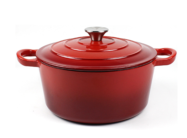 Metal cast iron enameled casserole dark red color