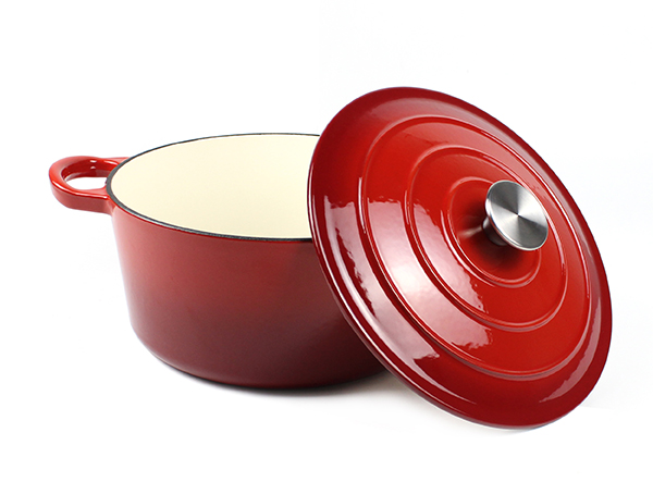 Metal cast iron enameled stock pot dark red color