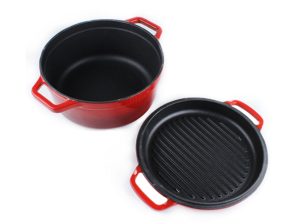 enamel cast iron double dutch oven with grill pan