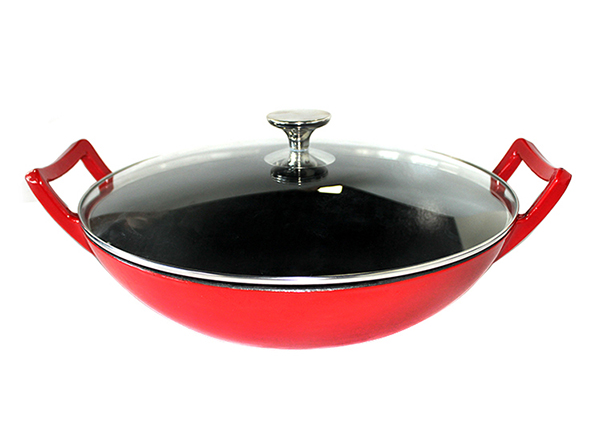 enamel cast iron wok with glass lid