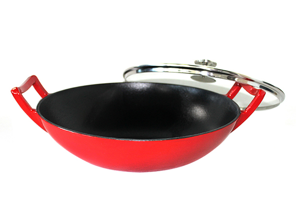 enamel cast iron wok with glass lid