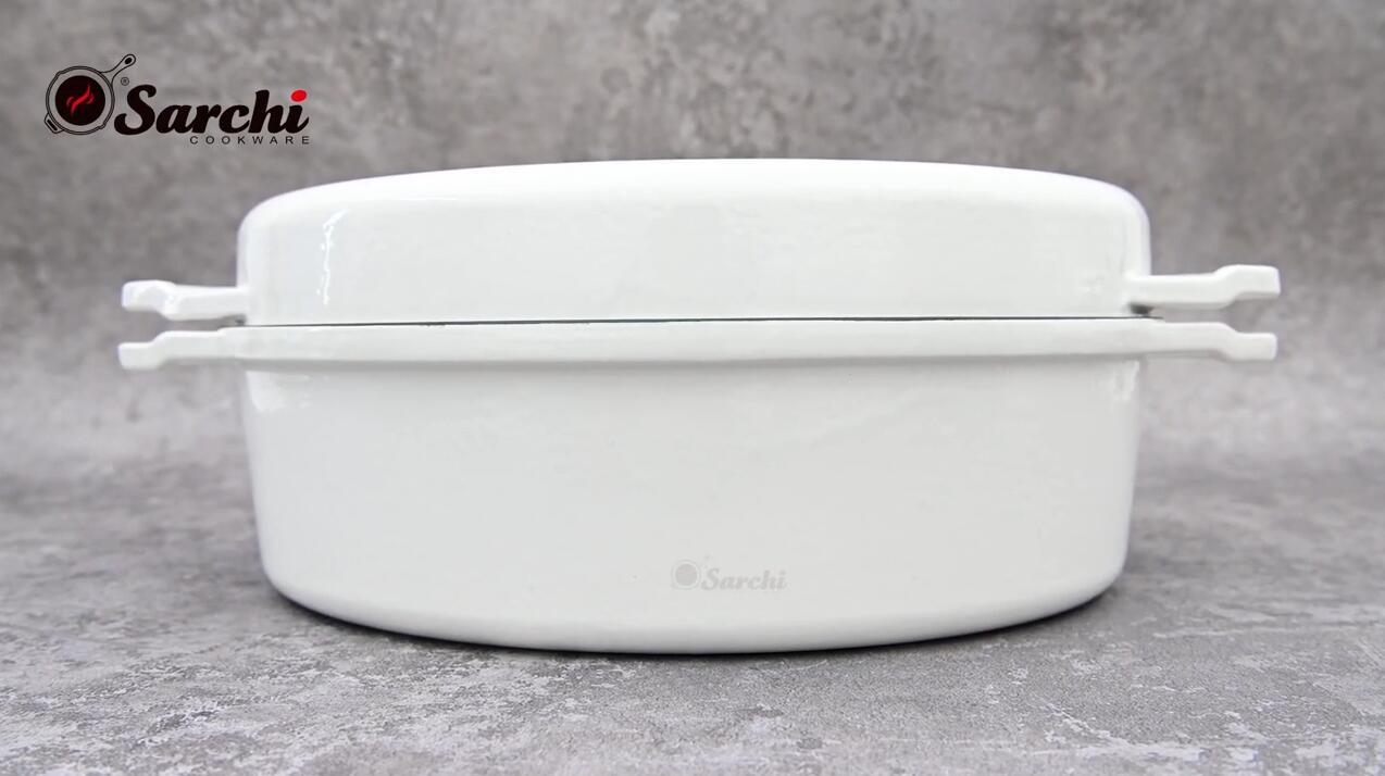 Enamel cast iron oval white double casserole grill pan