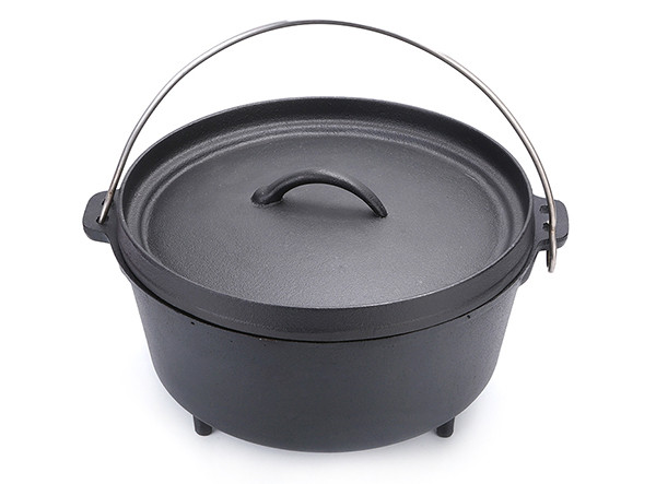 A Dutch oven consists of a relatively shallow, wide pan with a tight fitting lid to retain heat.
