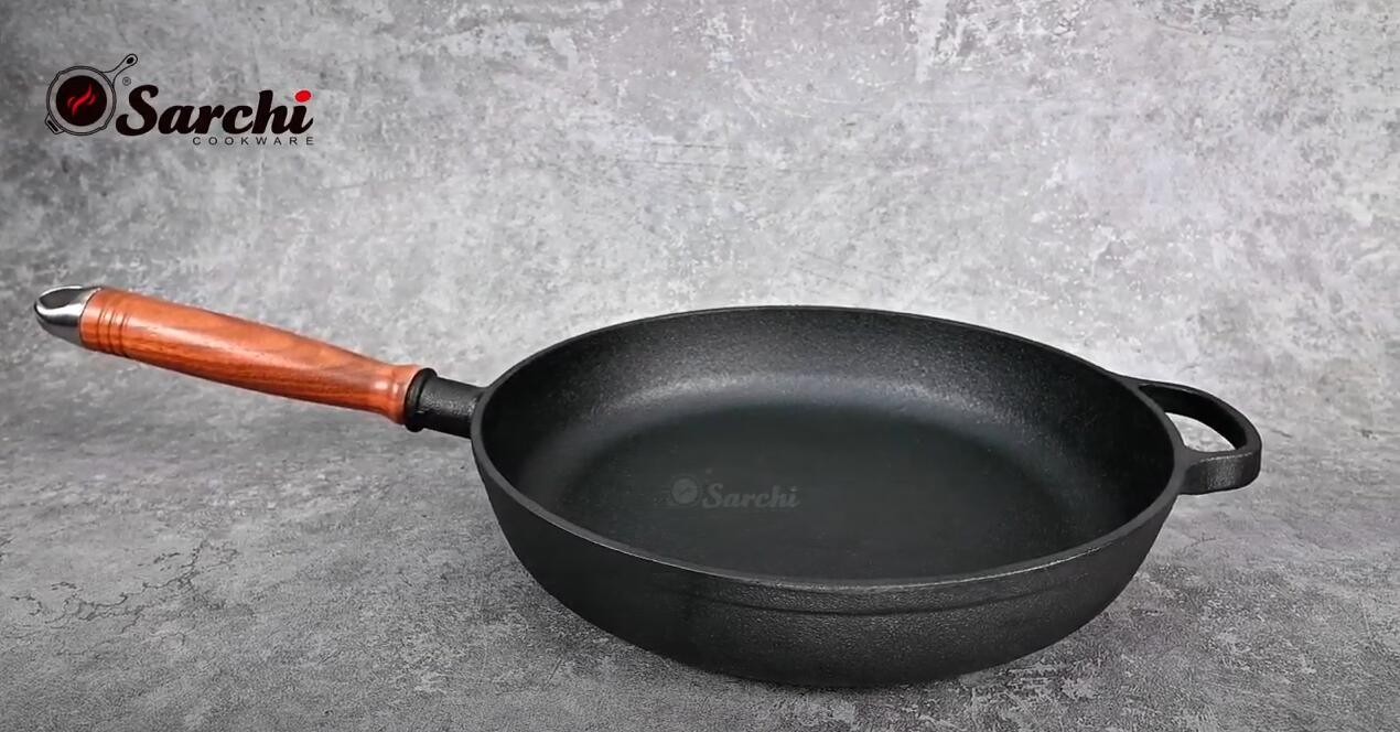 Cast Iron Skillet Frying Pan With Wooden Handle