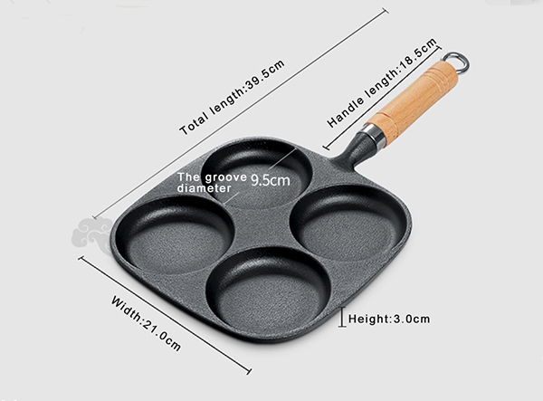 Non stick 4-cups cast iron egg frying pan with wooden handle