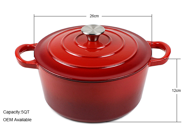 Metal cast iron enameled casserole dark red color