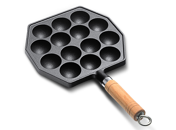 14 Holes Cast Iron Octopus Ball Pan Japanese Takoyaki Maker with Wooden Handle