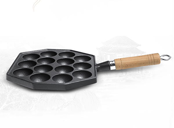 14 Holes Cast Iron Octopus Ball Pan Japanese Takoyaki Maker with Wooden Handle