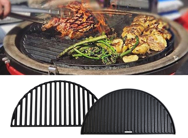 17" Half Moon Cast Iron Reversible Griddle & Grate for Kamado Joe Classic Large Big Green Egg