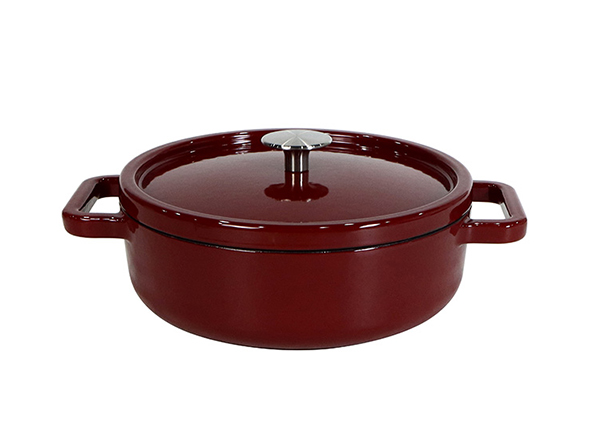 Metal cast iron enameled casserole dark red color