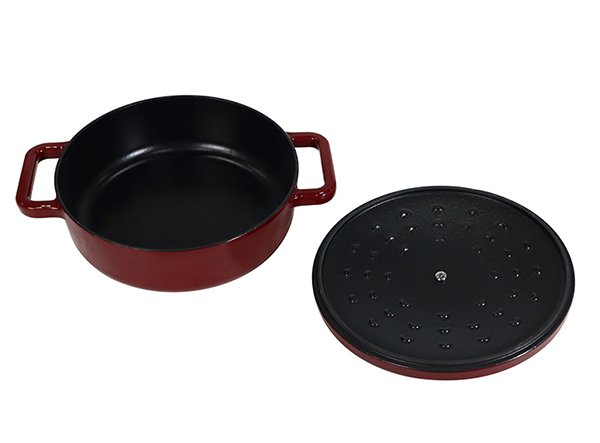 Metal cast iron enameled stock pot dark red color