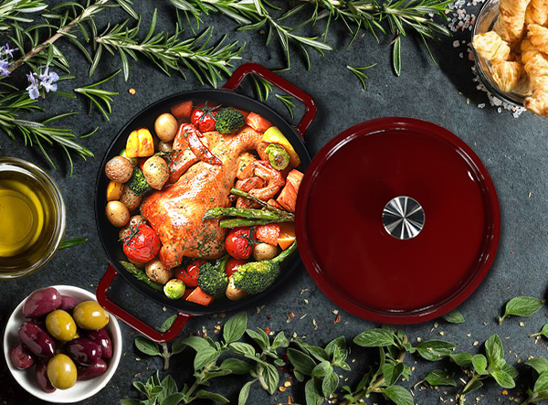 Metal cast iron enameled stock pot dark red color