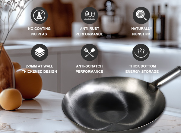 No Coating PFAS Free Carbon Steel London Wok with Long Handle