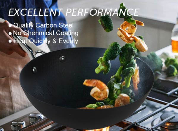 Matte Pre-seasoned Coating Hammered Iron Wok with SS Handle