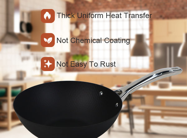 Matte Pre-seasoned Coating Hammered Iron Wok with SS Handle