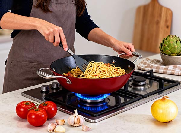 Lightweight Enameled Cast Iron Stir Fry Pan for Flat-top Stoves