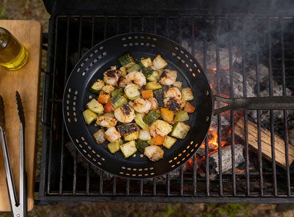 Outdoor Carbon Steel Perforated Grill Skillet | Non-Stick BBQ Pan for Vegetables & Seafood