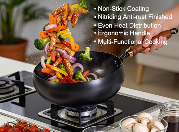 Wholesale Carbon Steel Stir Fry Wok - Nitrided Non-Stick Hammered Wok Pan for Restaurant & Home Cooking